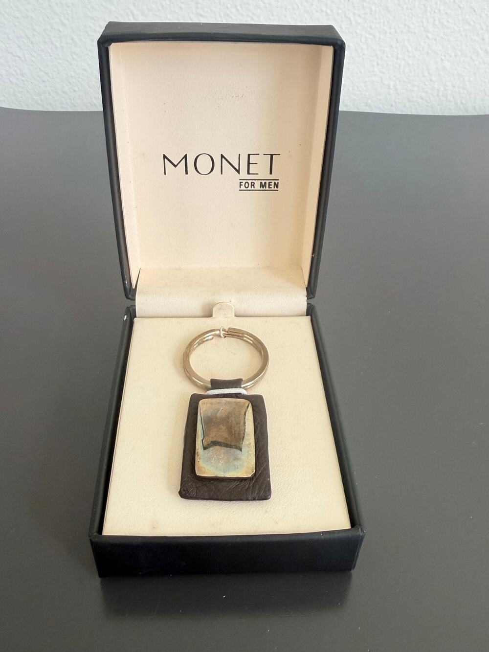 Vintage Monet for Men leather & metal keychain in its original branded box